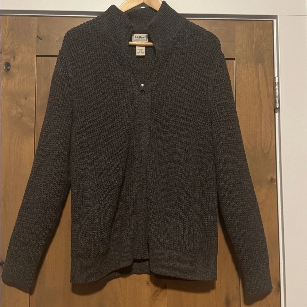 LL Bean Organic Cotton Zip Up Sweater Mens M Pockets Waffle knit Preppy Grey
